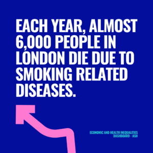 blod text which reads 'Each year almost 6,000 people in London die due to smoking related diseases'