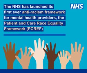 Graphic illustration of hands in the air of different nationalities. Text alongside reads: The NHS has launched its first ever anti-racism framework for mental health providers, the Patient and Care Race Equality Framework (PCREF)