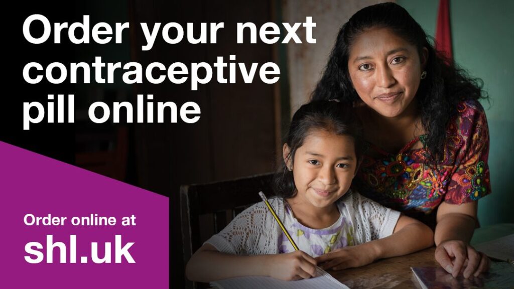 latina woman and child smiling. text reads order you next contraceptive pill online shl.uk 