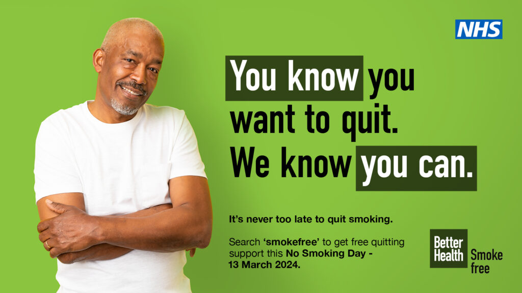 Photo of a male siling with bold text alongside that reads: You know you want to quit. We know you can.