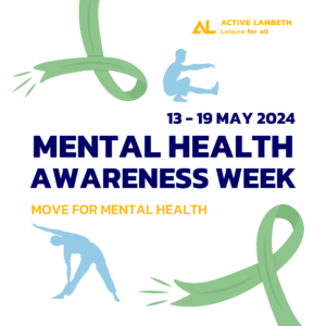 Image depicting silhouettes of people stretching and doing capoeira alongside text which reads: Mental Health Awareness Week 13-19 May 2024