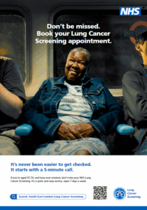 black man sitting, smiling. Wordingsays book your lung cancer screening appointment