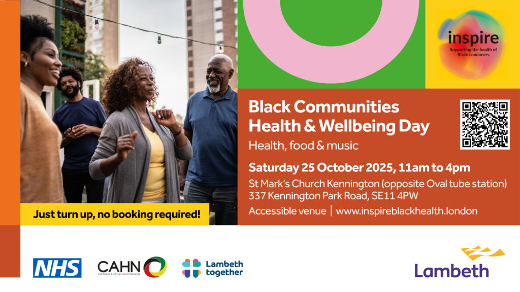 Black Communities Health and Wellbeing Flyer showing people dancing and smiling together