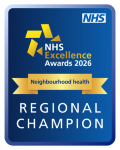 A blue badge reads “NHS Excellence Awards 2026 Neighbourhood health Regional Champion” with a yellow ribbon and NHS logo in the top right corner.