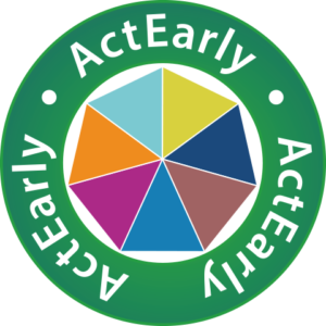 Circular green logo with "ActEarly" repeated around the edge. In the centre is a multicoloured geometric shape made up of seven segments, resembling a pie chart or wheel—ideal for a Lambeth Together Patient and Public Voice Board Member initiative.