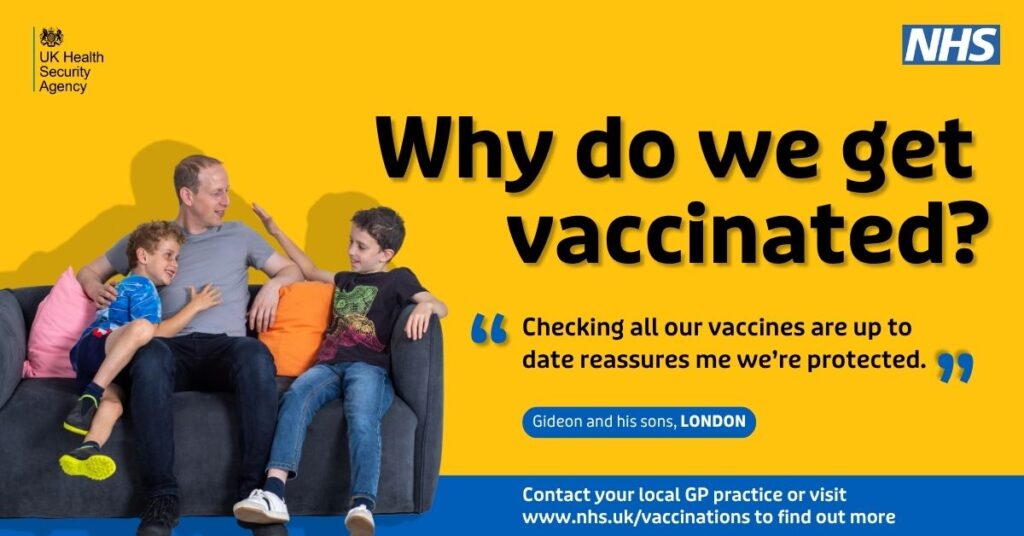 Image of a dad and his sons from London telling us that checking their vaccinations are up to date reassures him they are protected.