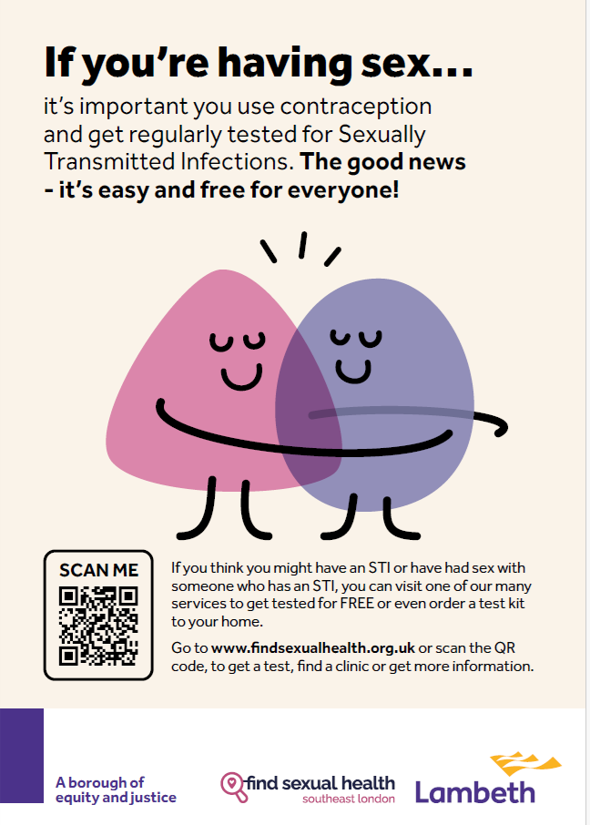 Two cartoon characters shaped like drops hug under text encouraging regular STI testing. A QR code and logos for Lambeth and sexual health services appear at the bottom. The design uses pastel colours.